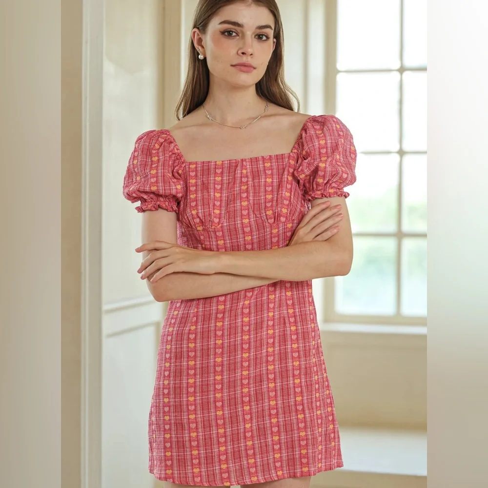 Rosie Posie Pink Yellow Heart-Patterned Plaid Puff Sleeve Dress NWT size medium - Picture 4 of 4